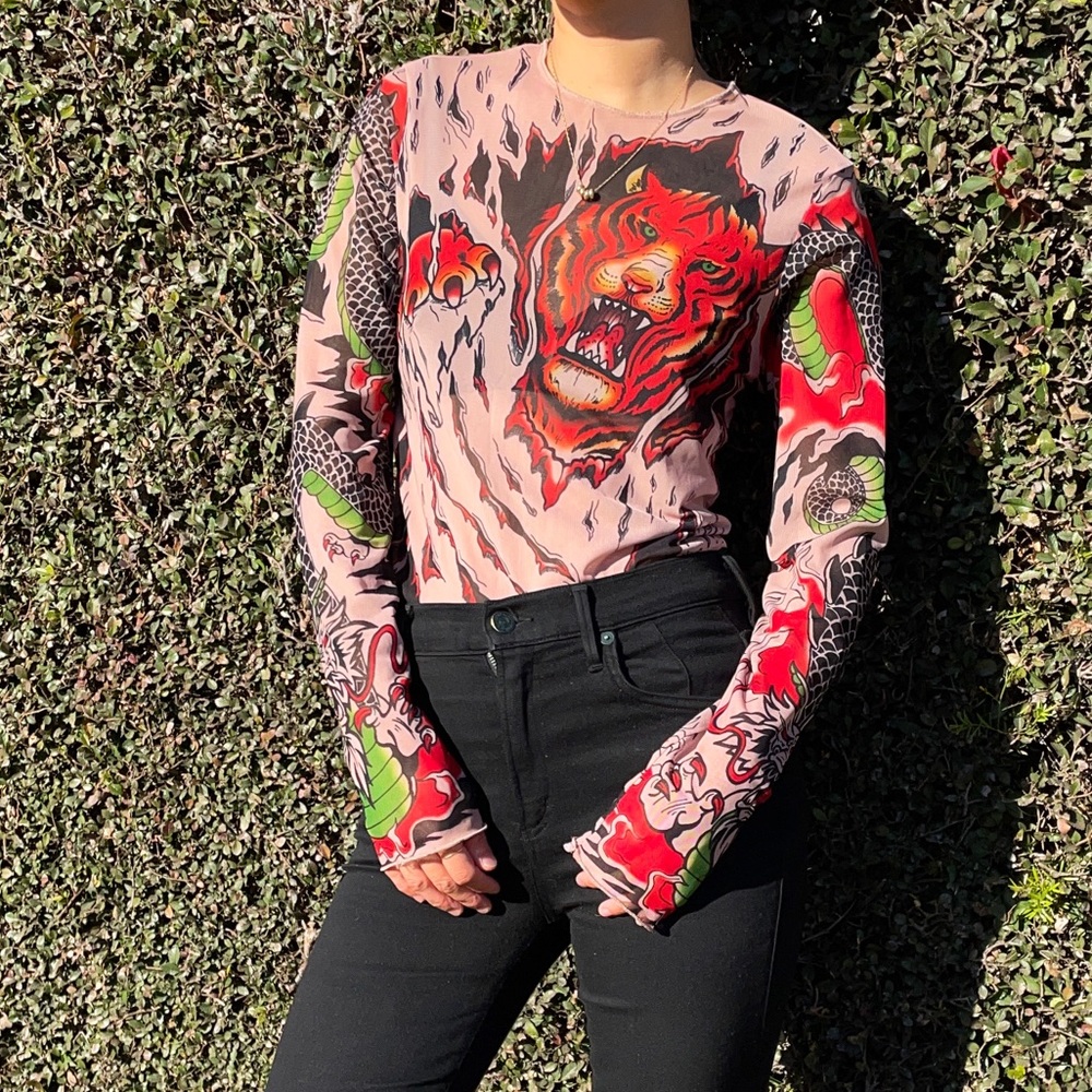 Y2K inspired tattoo skin mesh top